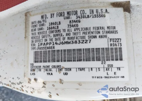 1991 Ford Escort Lx из США, поврежденный, VIN 1FAPP14J6MW383227